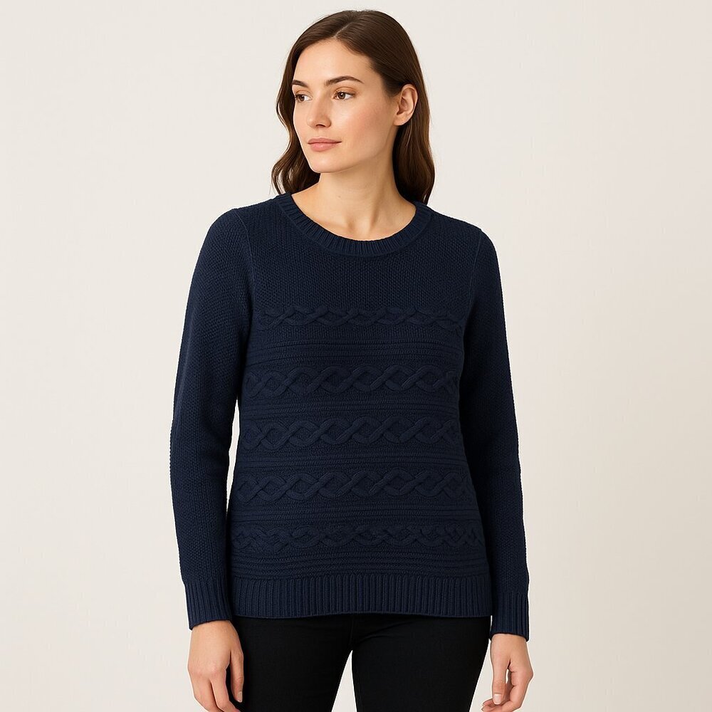 Talbots cozy cotton cable knit sweater textured navy blue XL
